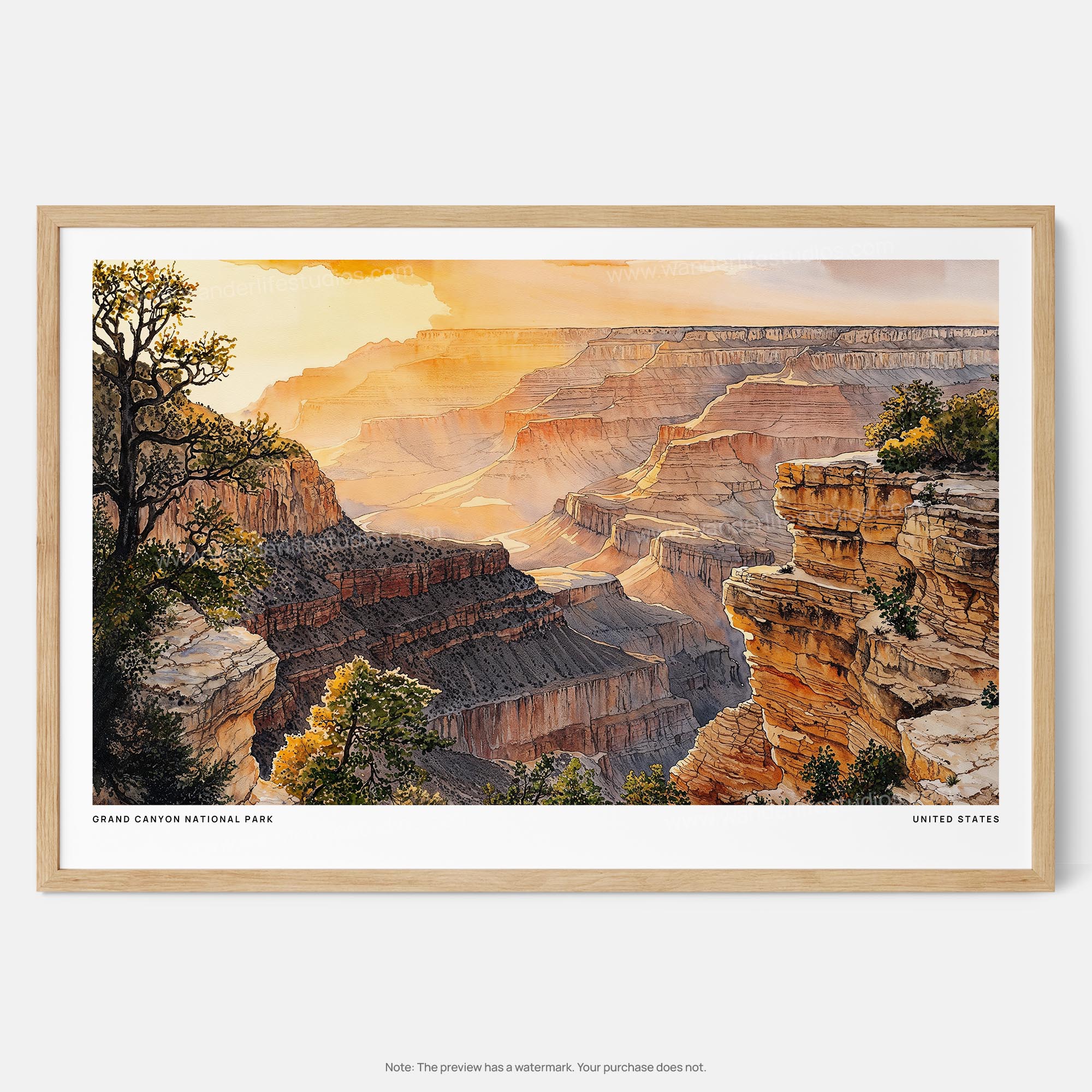 Grand Canyon National Park Watercolor Art Print – Majestic Landscape View