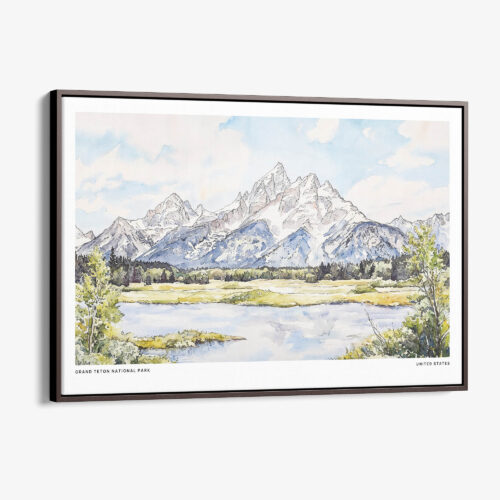 00 - Framed Grand Teton National Park Watercolor - Horizontal Canvas Print - Main.jpg