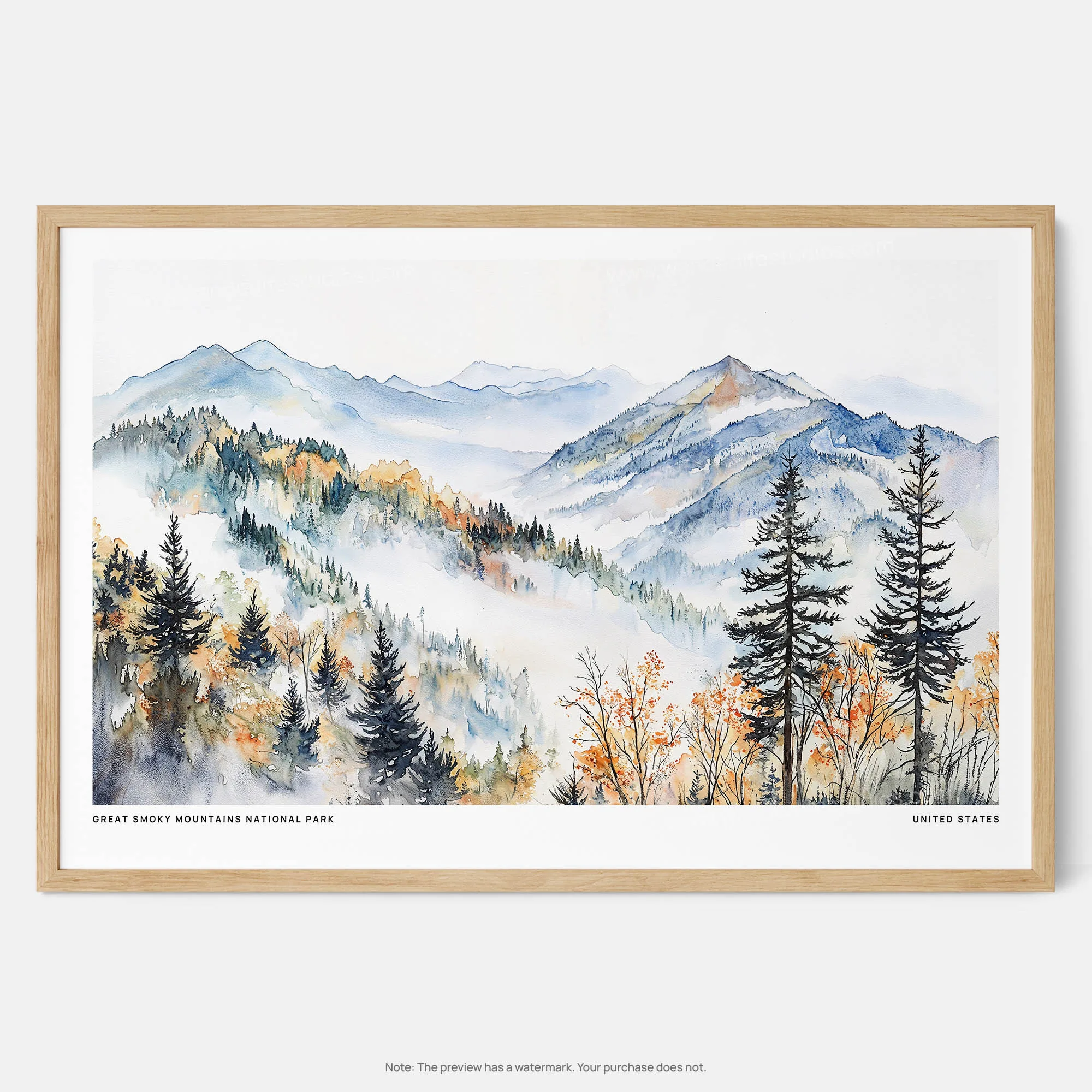 Great Smoky Mountains National Park Watercolor Art Print – Tranquil Landscape Wall Decor
