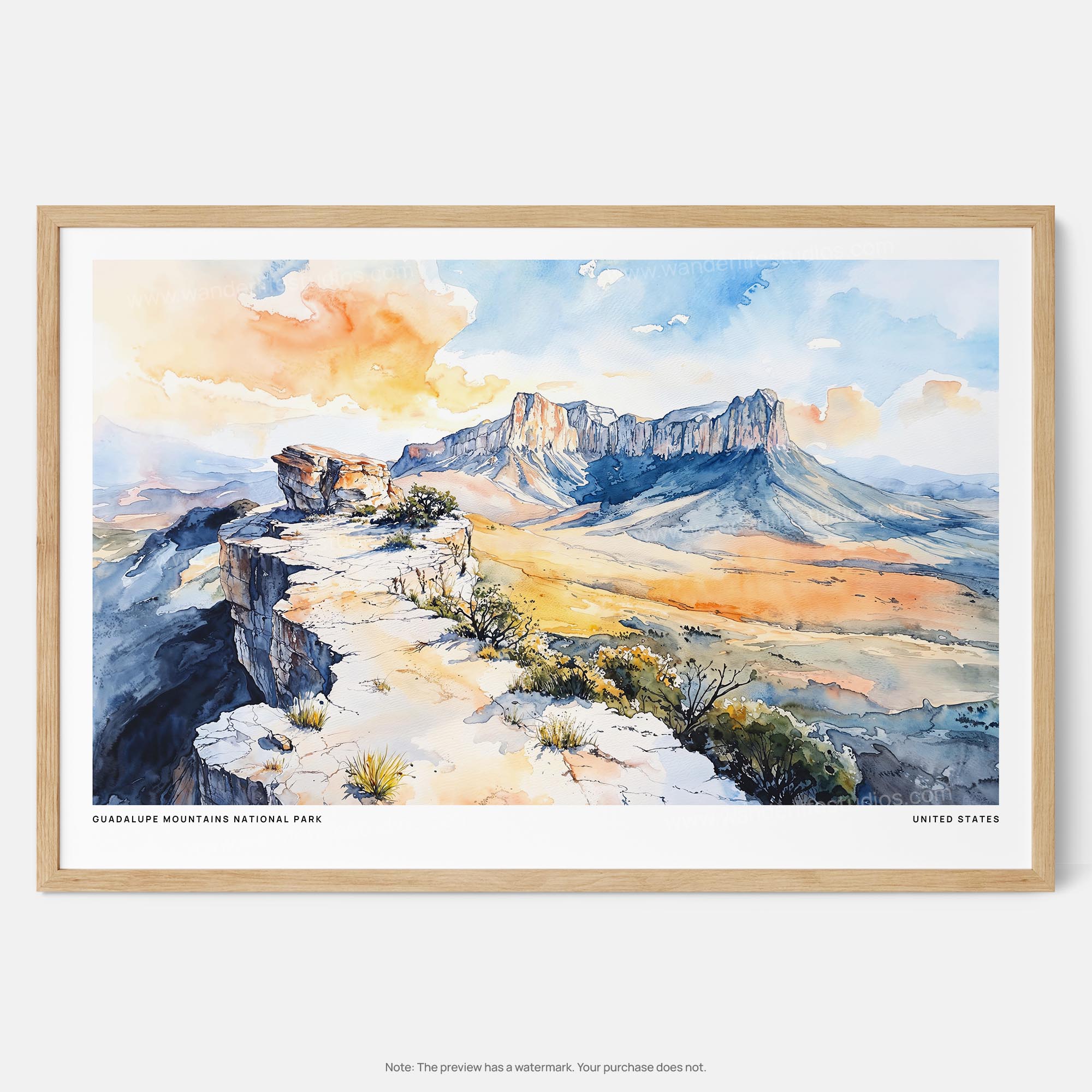 Guadalupe Mountains National Park Watercolor Art Print – Texas Landscape Wall Art