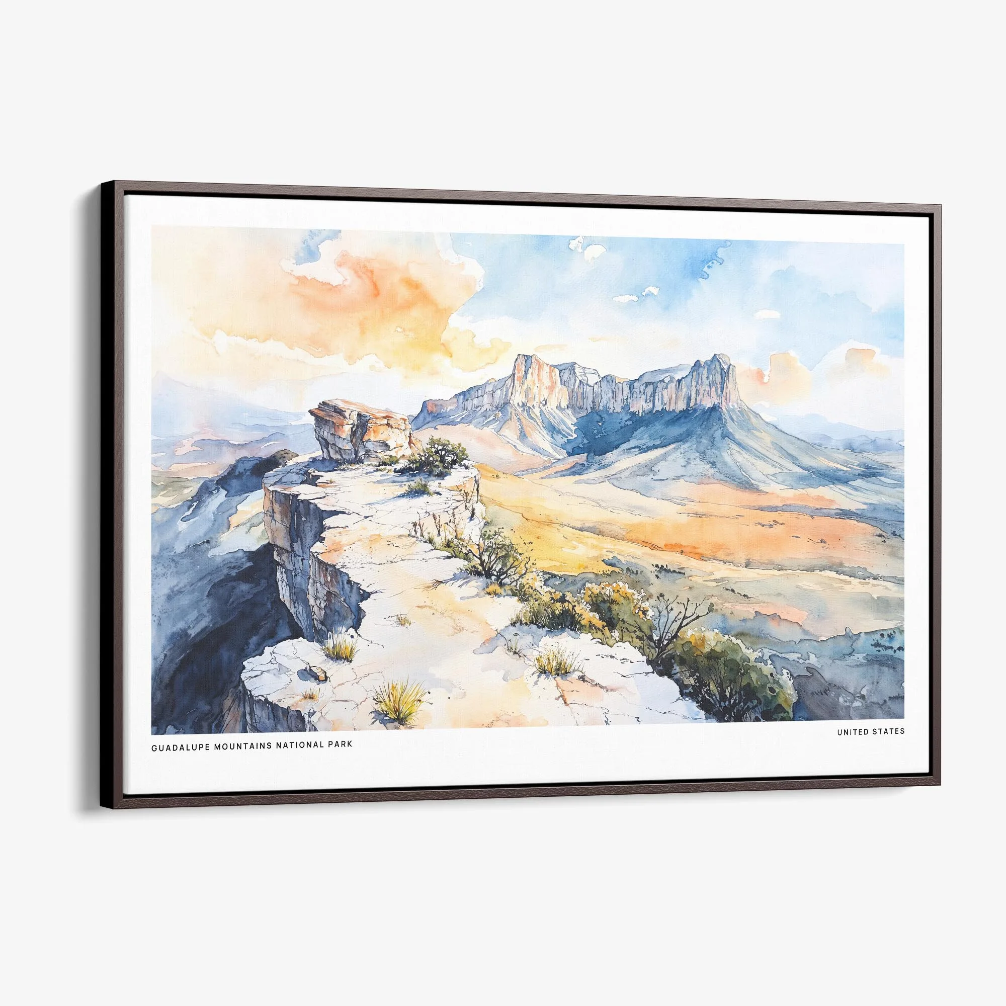 Framed Guadalupe Mountains National Park Watercolor Canvas Print