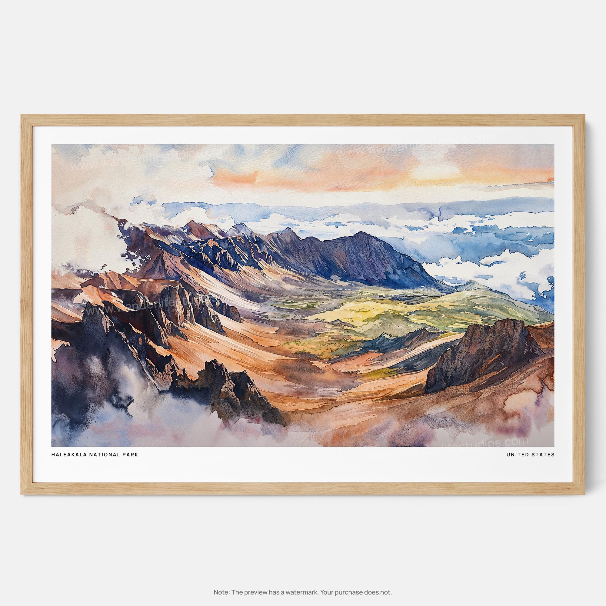 Haleakala National Park Watercolor Art Print – Vibrant Hawaiian Landscape Wall Art