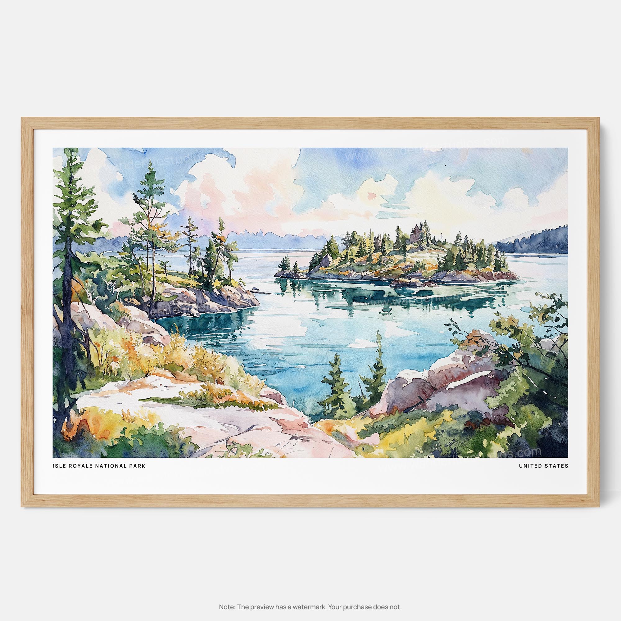 Isle Royale National Park Watercolor Art Print – Serene Lakeside Landscape