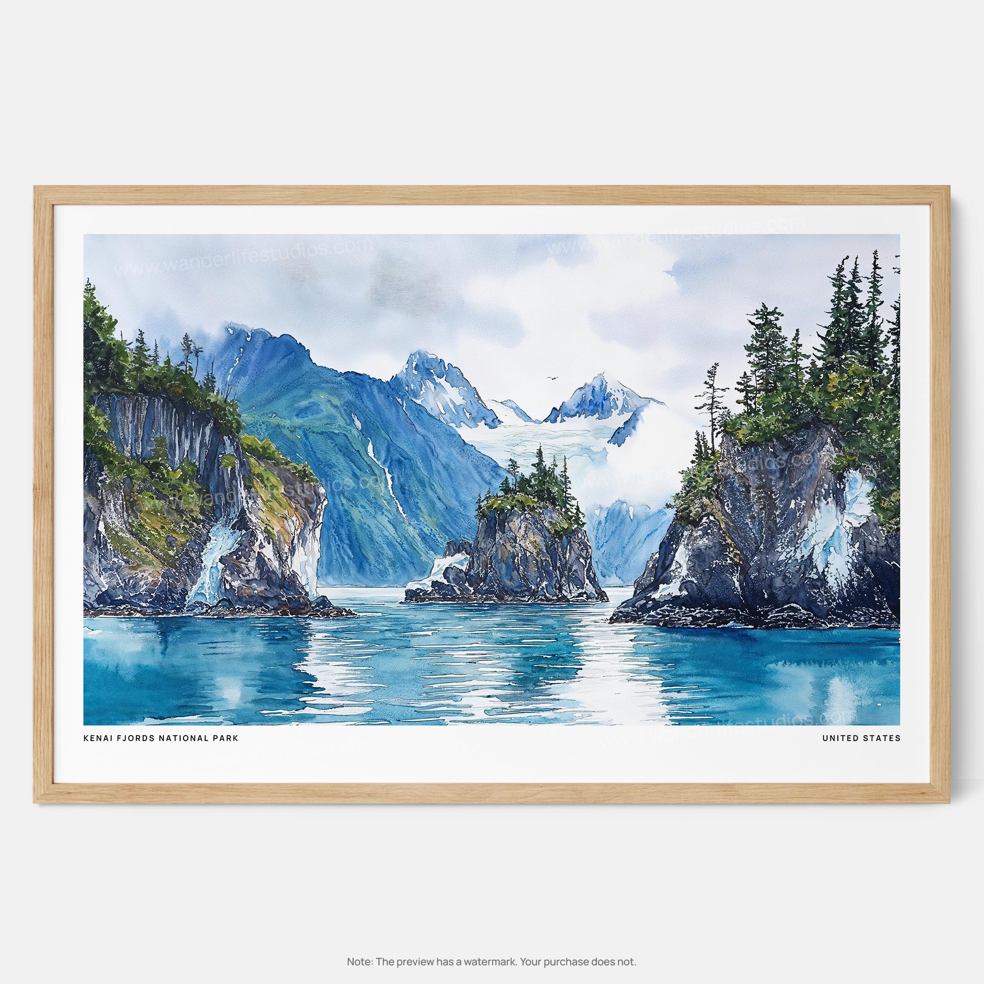 Kenai Fjords National Park Watercolor Art Print – Scenic Alaskan Landscape