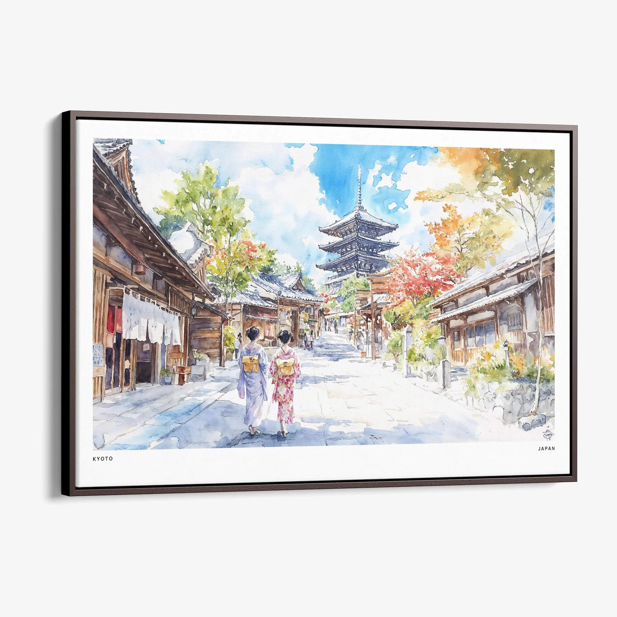Kyoto Japan Watercolor Canvas Print – Serene Street Scene Wall Art