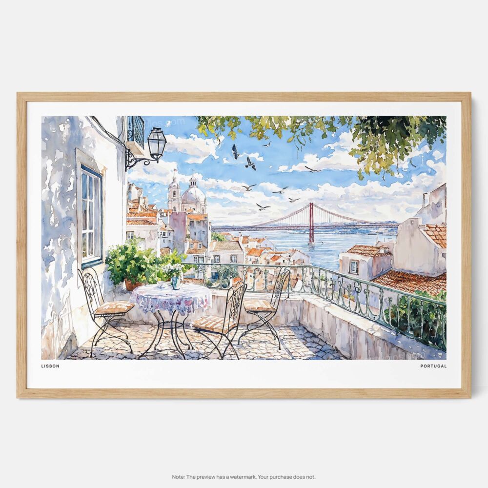 00 - Framed Lisbon Portugal Watercolor Art - Horizontal Art Print - Main.jpg