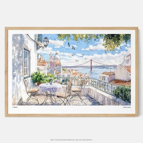 00 - Framed Lisbon Portugal Watercolor Art - Horizontal Art Print - Main.jpg