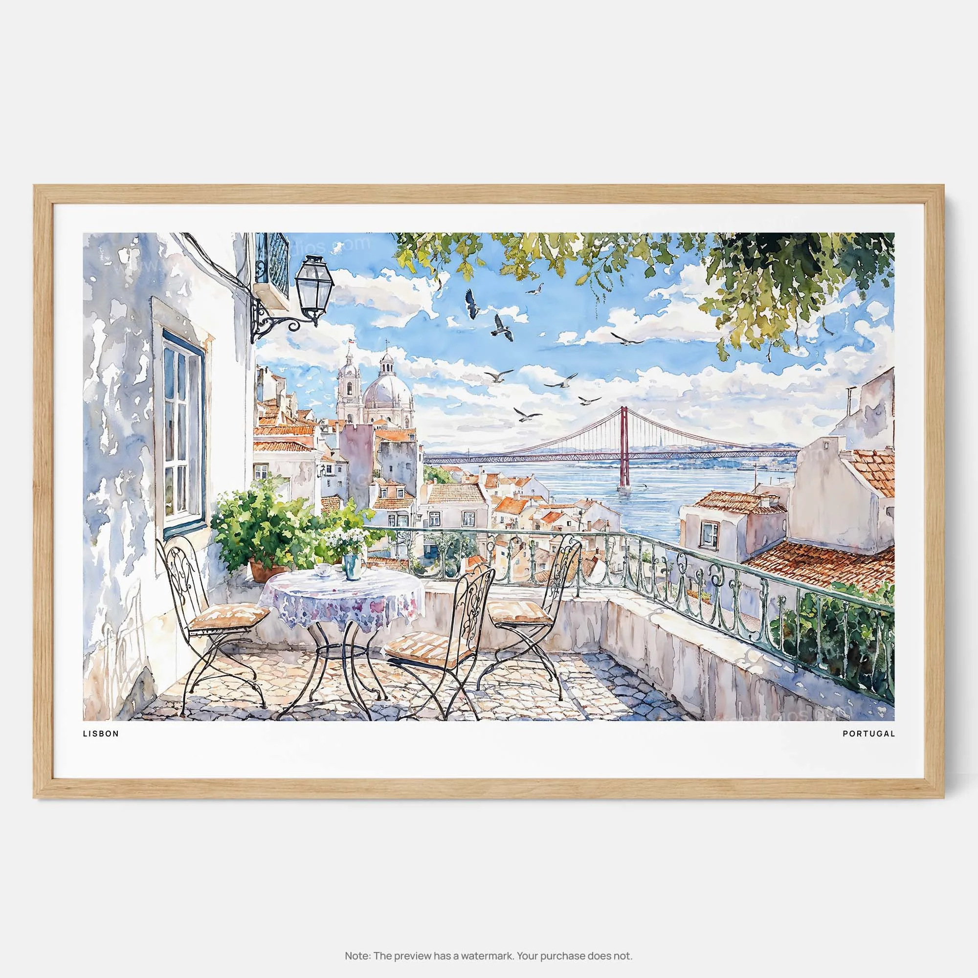 Lisbon Portugal Watercolor Art Print – Scenic Balcony View of the City