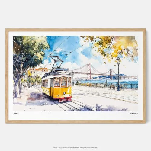 00 - Framed Lisbon Portugal Yellow Tram Watercolor Art - Horizontal Art Print - Main - Horizontal.jpg