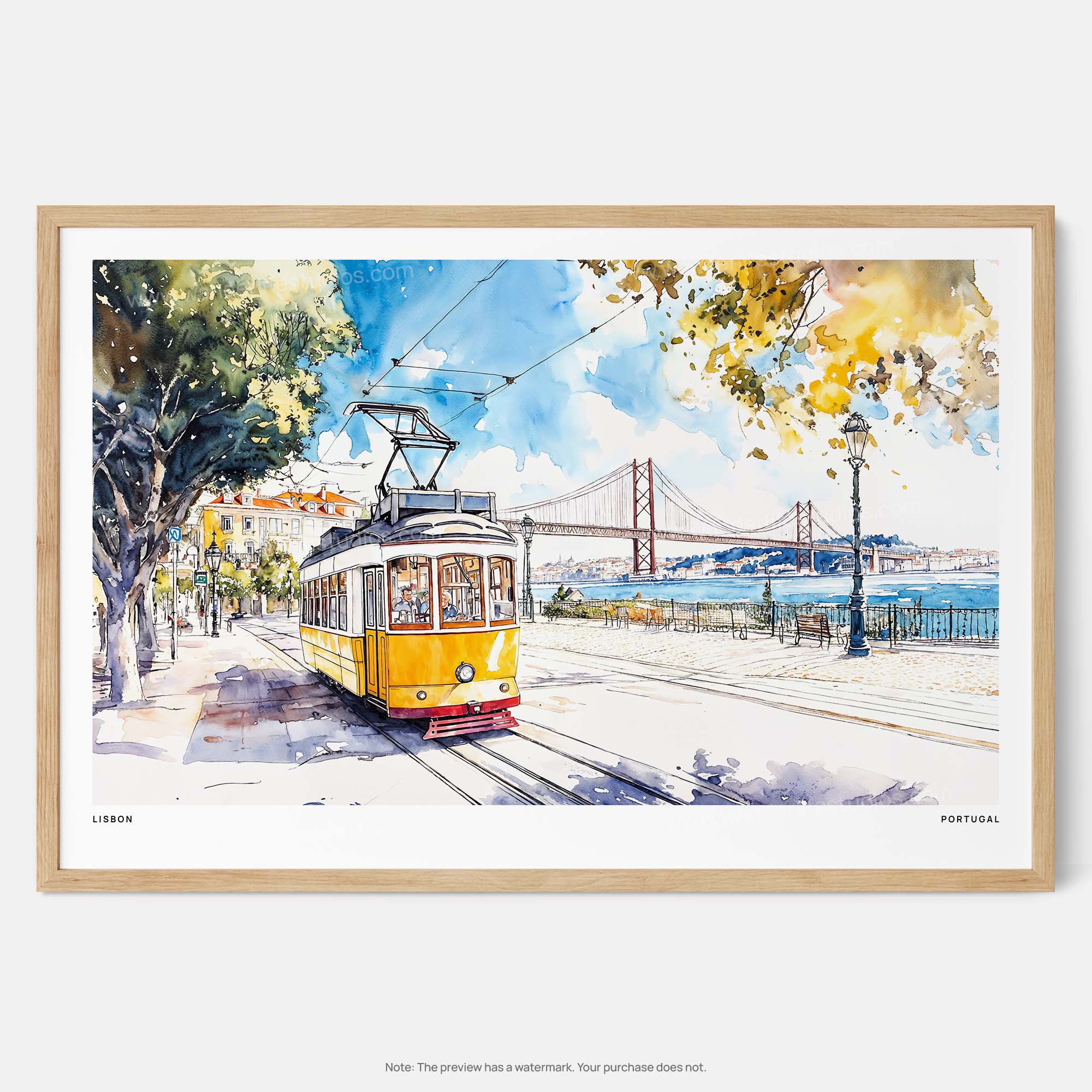 Framed Lisbon Portugal Yellow Tram Watercolor Art Print – Scenic Cityscape Wall Decor
