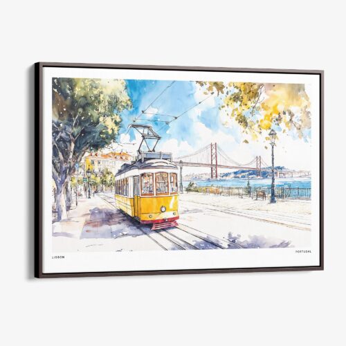 00 - Framed Lisbon Portugal Yellow Tram Watercolor Art - Horizontal Canvas Print - Main.jpg