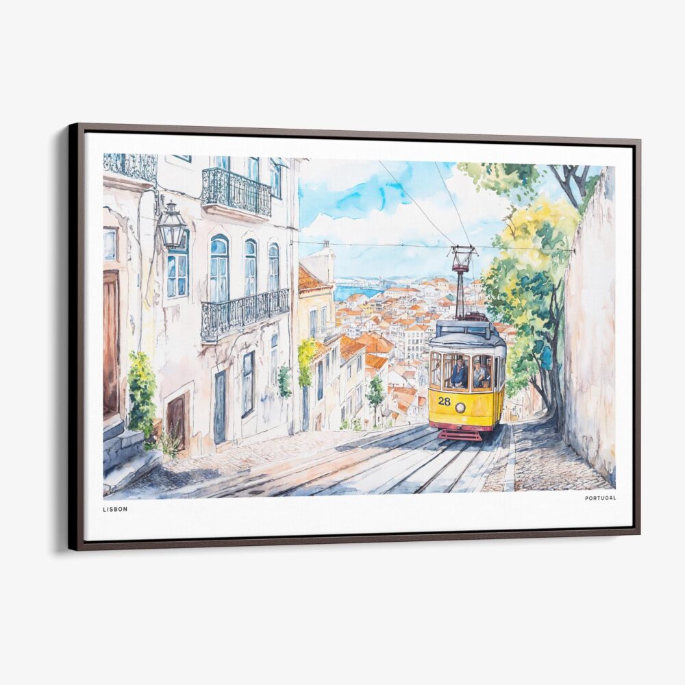 00 - Framed Lisbon Tram 28 Watercolor Art - Horizontal Canvas Print - Main.jpg