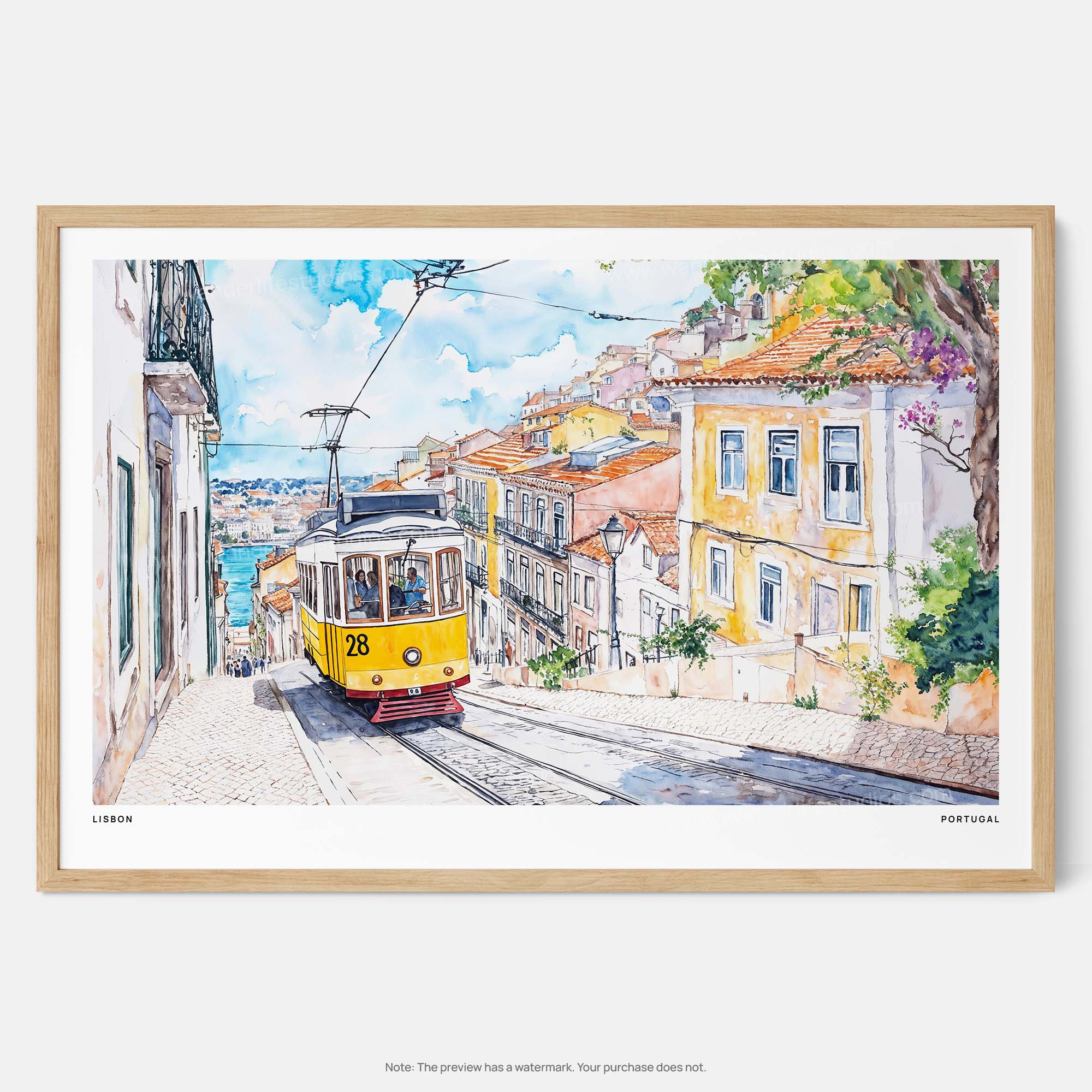 Lisbon Watercolor Art Print – Vintage Tram Scene of Portugal's Historic Streets
