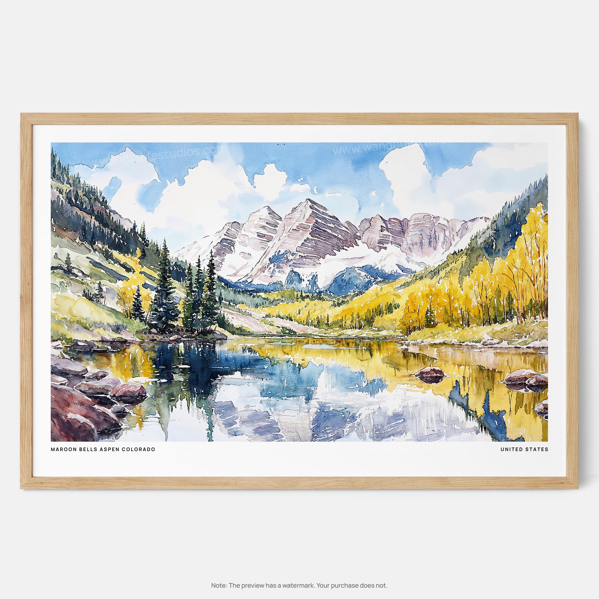 Maroon Bells Aspen Watercolor Art Print – Scenic Reflection in Colorado Mountains