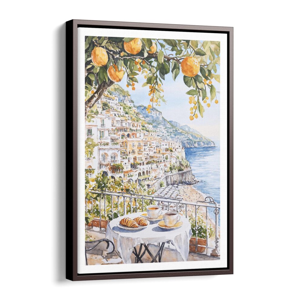 00 - Framed Morning Coffee in Amalfi Coast Watercolor Canvas Print - Vertical - Main.jpg