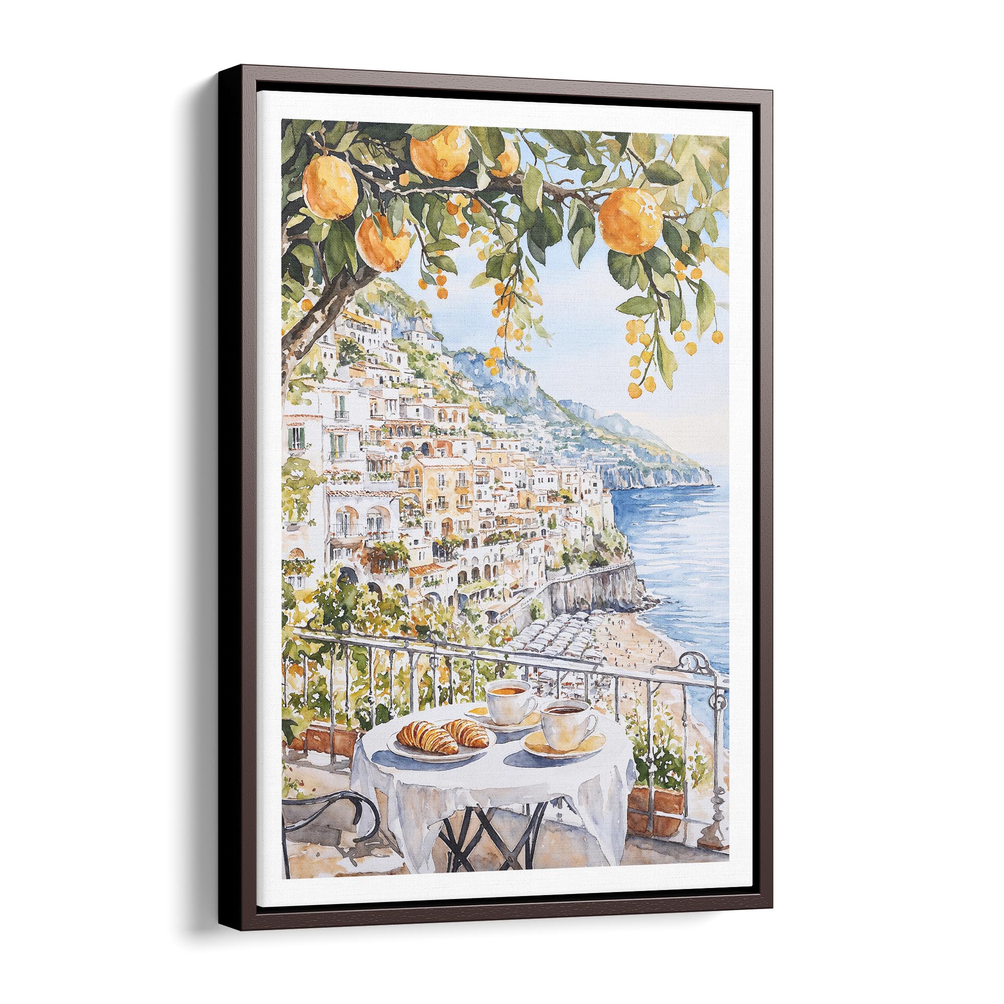 Breakfast in Amalfi Coast Canvas Print – Italian Coastal Watercolor Artwork