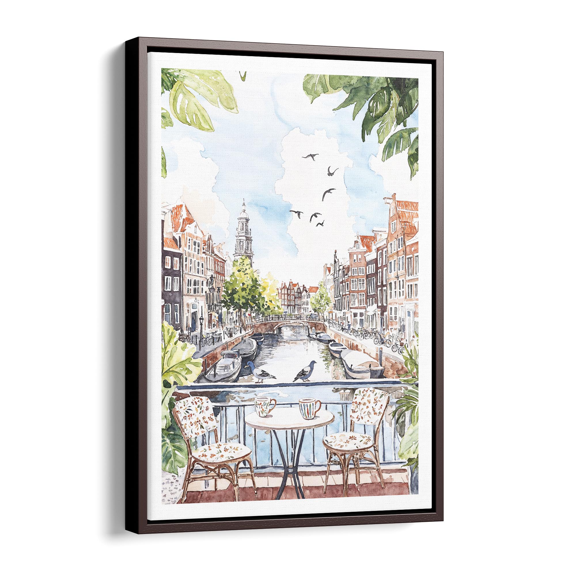 Morning Coffee in Amsterdam Watercolor Canvas Print – Charming Canal Scene