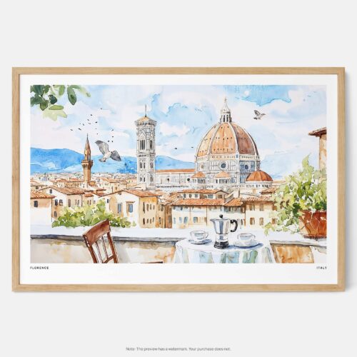 00 - Framed Morning Coffee in Florence Italy with Cathedral Watercolor Art - Horizontal Art Print - Main.jpg
