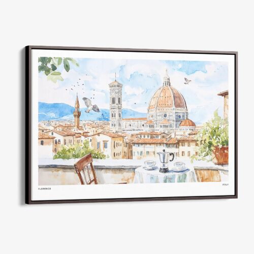 00 - Framed Morning Coffee in Florence Italy with Cathedral Watercolor Art - Horizontal Canvas Print - Main.jpg