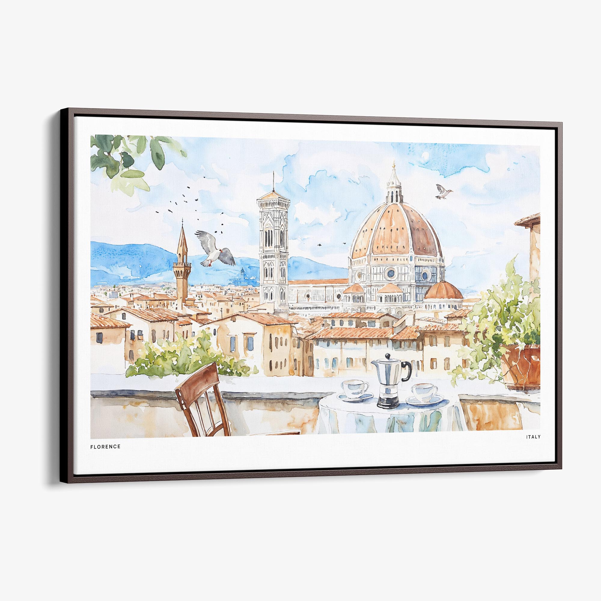 Framed Morning Coffee in Florence, Italy – Watercolor Canvas Print