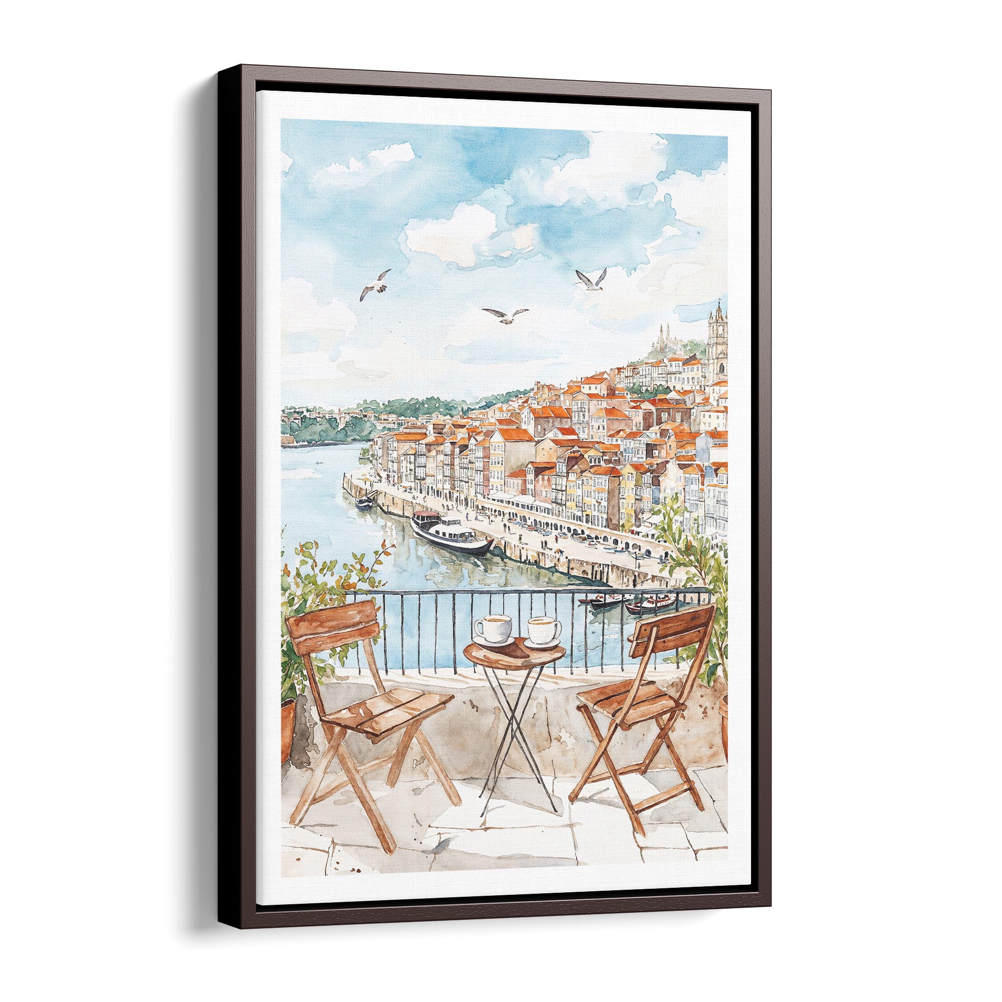 Porto Ribeira Watercolor Canvas Print – Charming Riverside Balcony Scene with Fresh Coffee