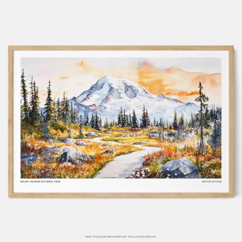 00 - Framed Mount Rainier National Park Watercolor - Horizontal Art Print - Main.jpg