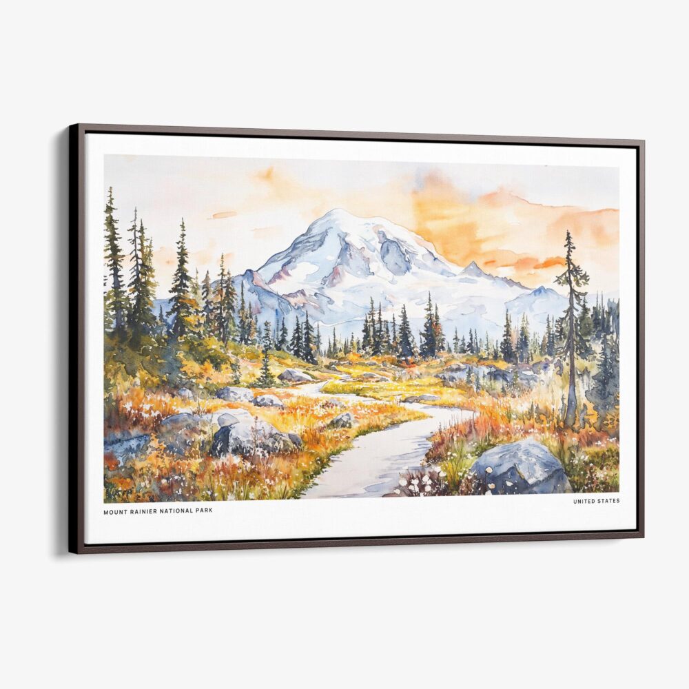 00 - Framed Mount Rainier National Park Watercolor - Horizontal Canvas Print - Main.jpg
