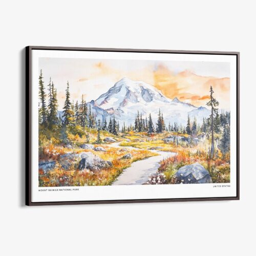 00 - Framed Mount Rainier National Park Watercolor - Horizontal Canvas Print - Main.jpg
