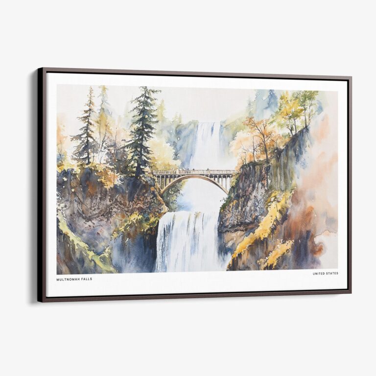 00 - Framed Multnomah Falls Watercolor - Horizontal Canvas Print - Main.jpg