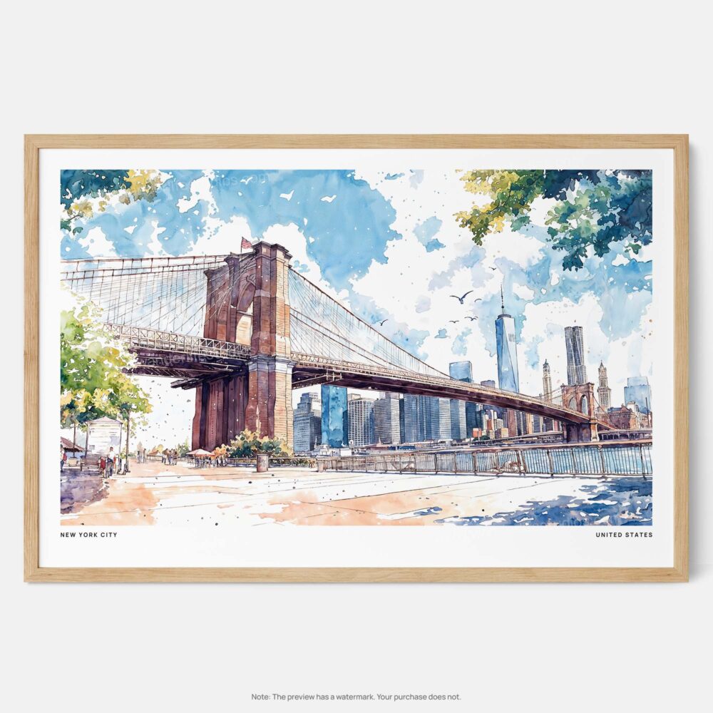 00 - Framed NYC Brooklyn Bridge Watercolor Art - Horizontal Art Print - Main - Horizontal.jpg
