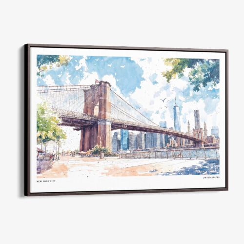 00 - Framed NYC Brooklyn Bridge Watercolor Art - Horizontal Canvas Print - Main.jpg