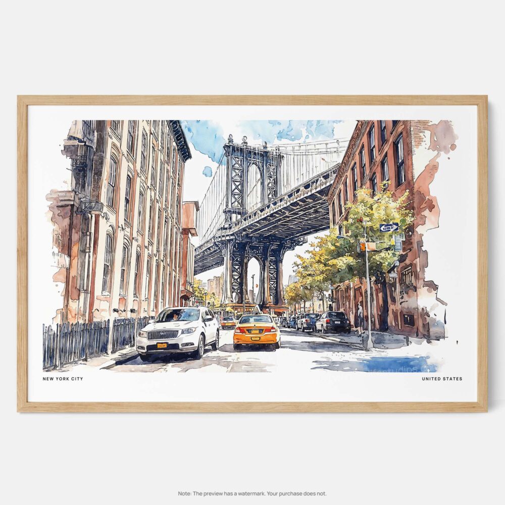 00 - Framed NYC Manhattan Bridge Watercolor Art - Horizontal Art Print - Main - Horizontal.jpg