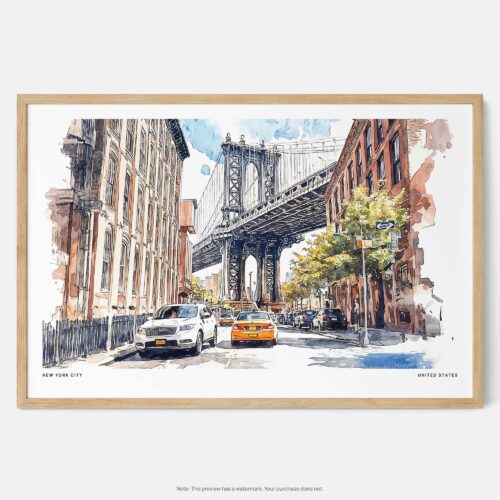 00 - Framed NYC Manhattan Bridge Watercolor Art - Horizontal Art Print - Main - Horizontal.jpg