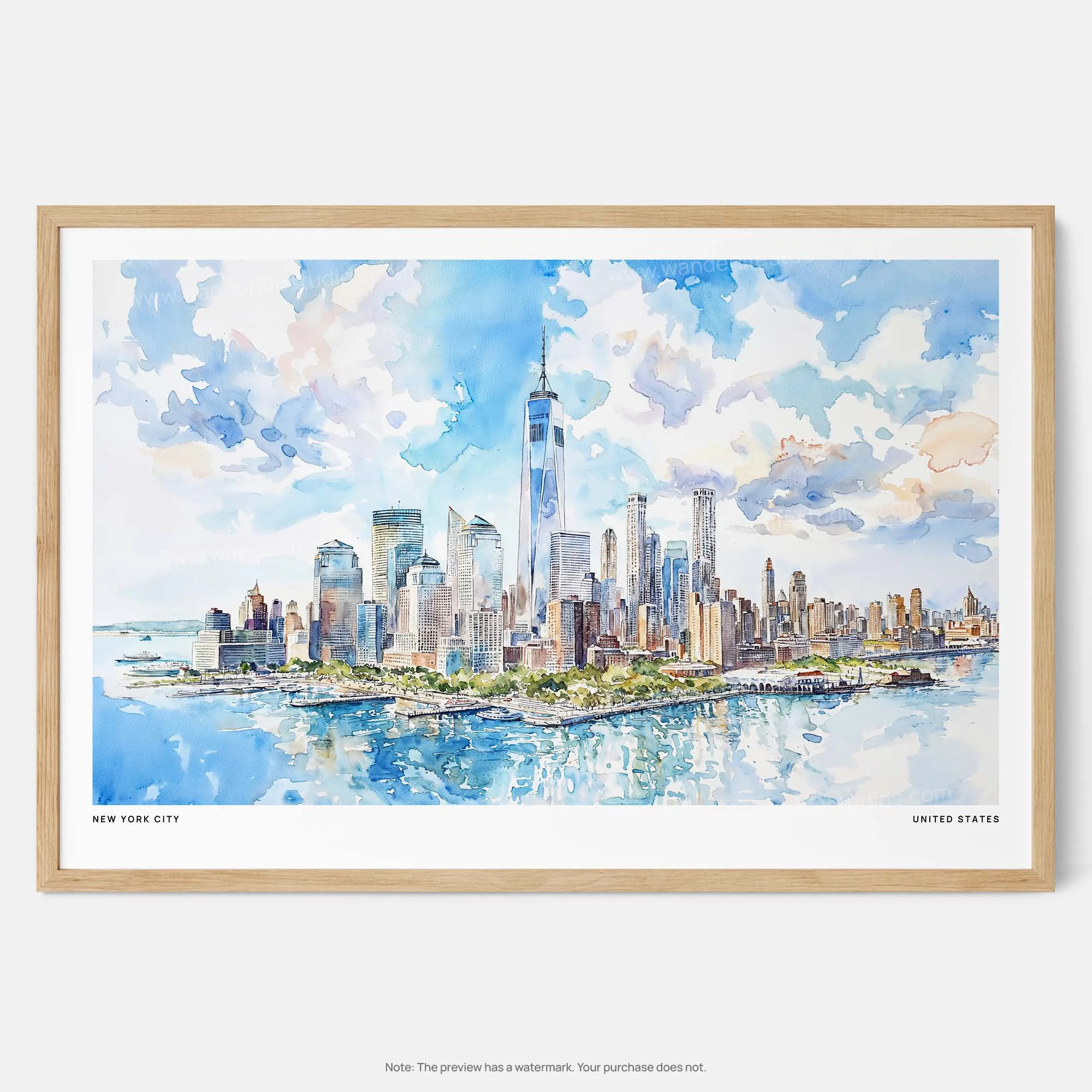New York City Skyline Watercolor Art Print – Vibrant Urban Landscape Wall Art