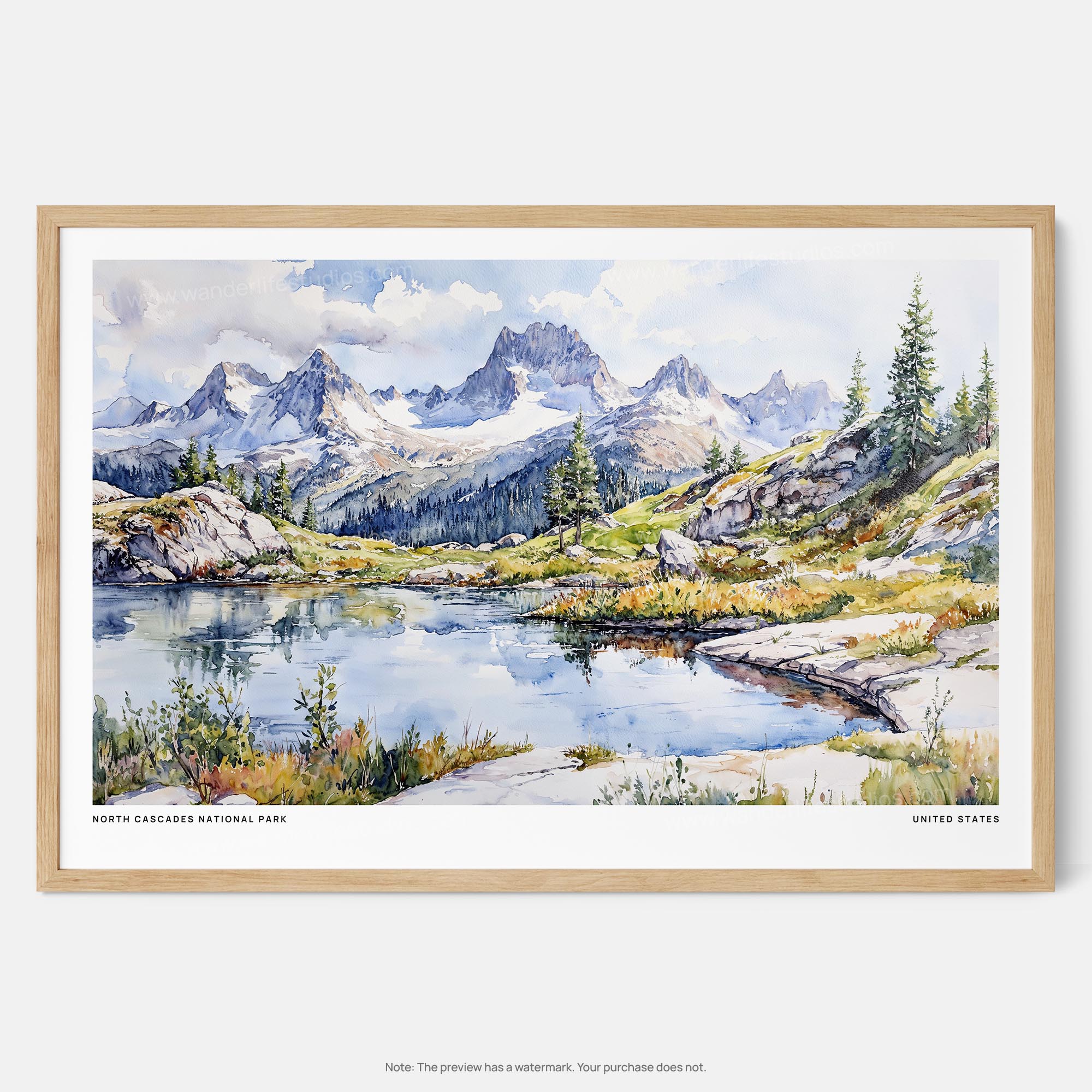 North Cascades National Park Watercolor Art Print – Scenic Landscape Wall Art