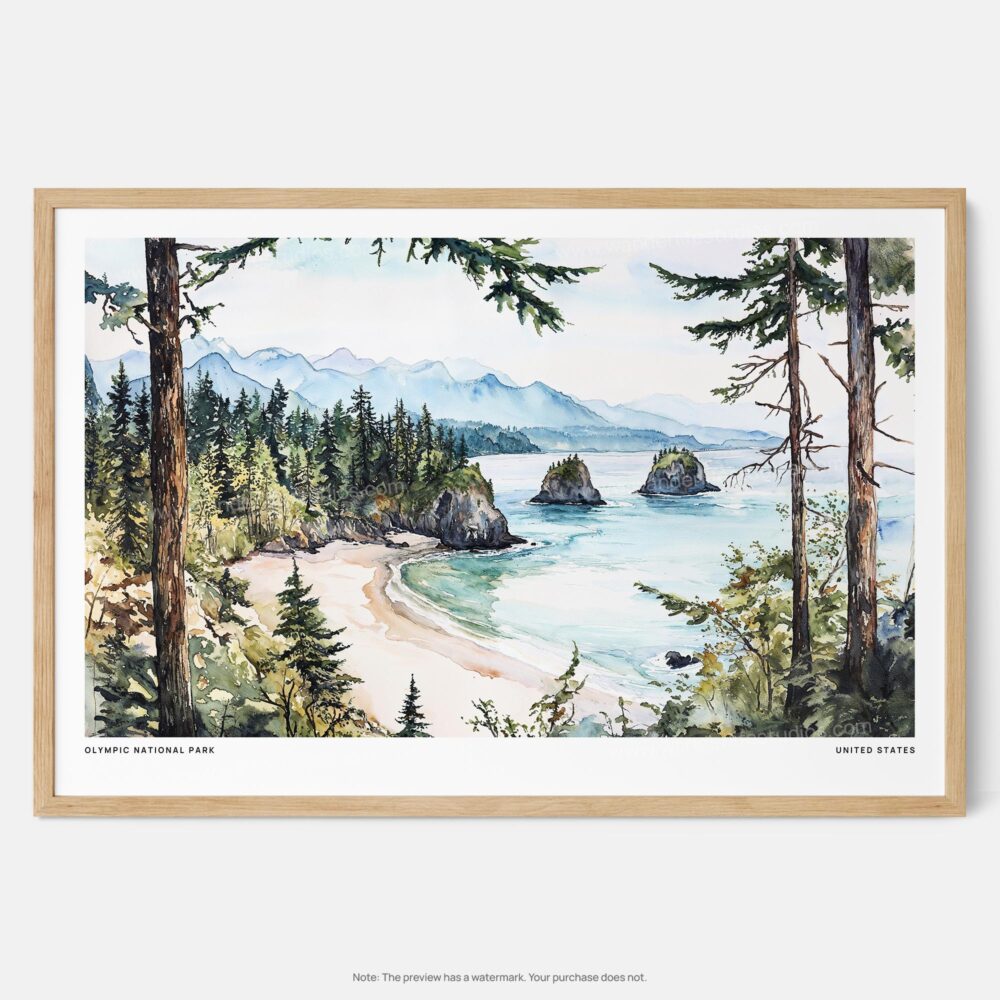 00 - Framed Olympic National Park Watercolor - Horizontal Art Print - Main.jpg