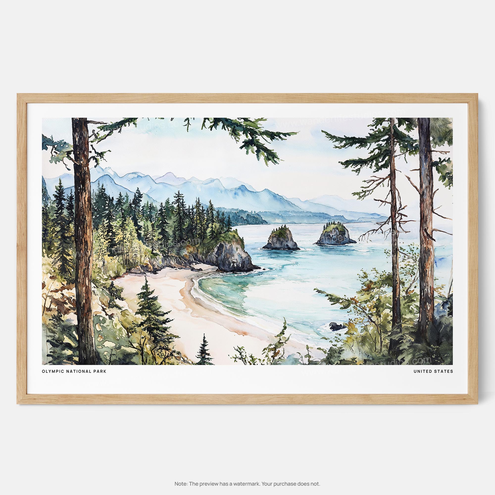 Olympic National Park Watercolor Art Print – Pacific Northwest Coastal Landscape