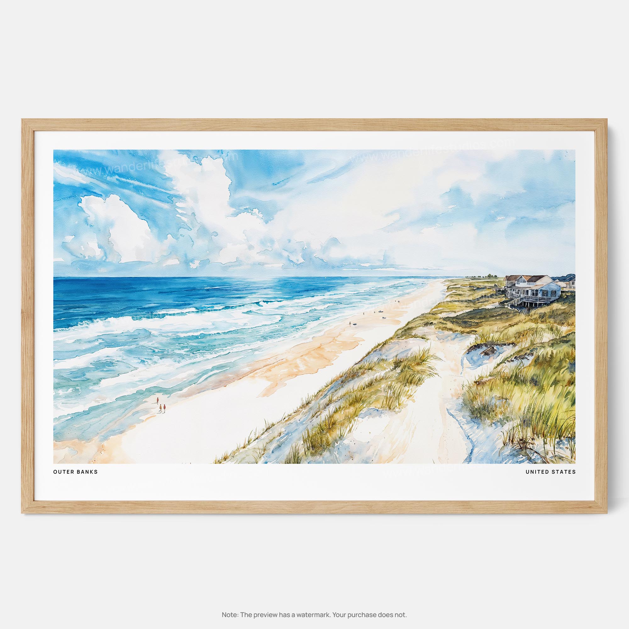 Outer Banks NC Watercolor Art Print – Coastal Landscape Wall Decor