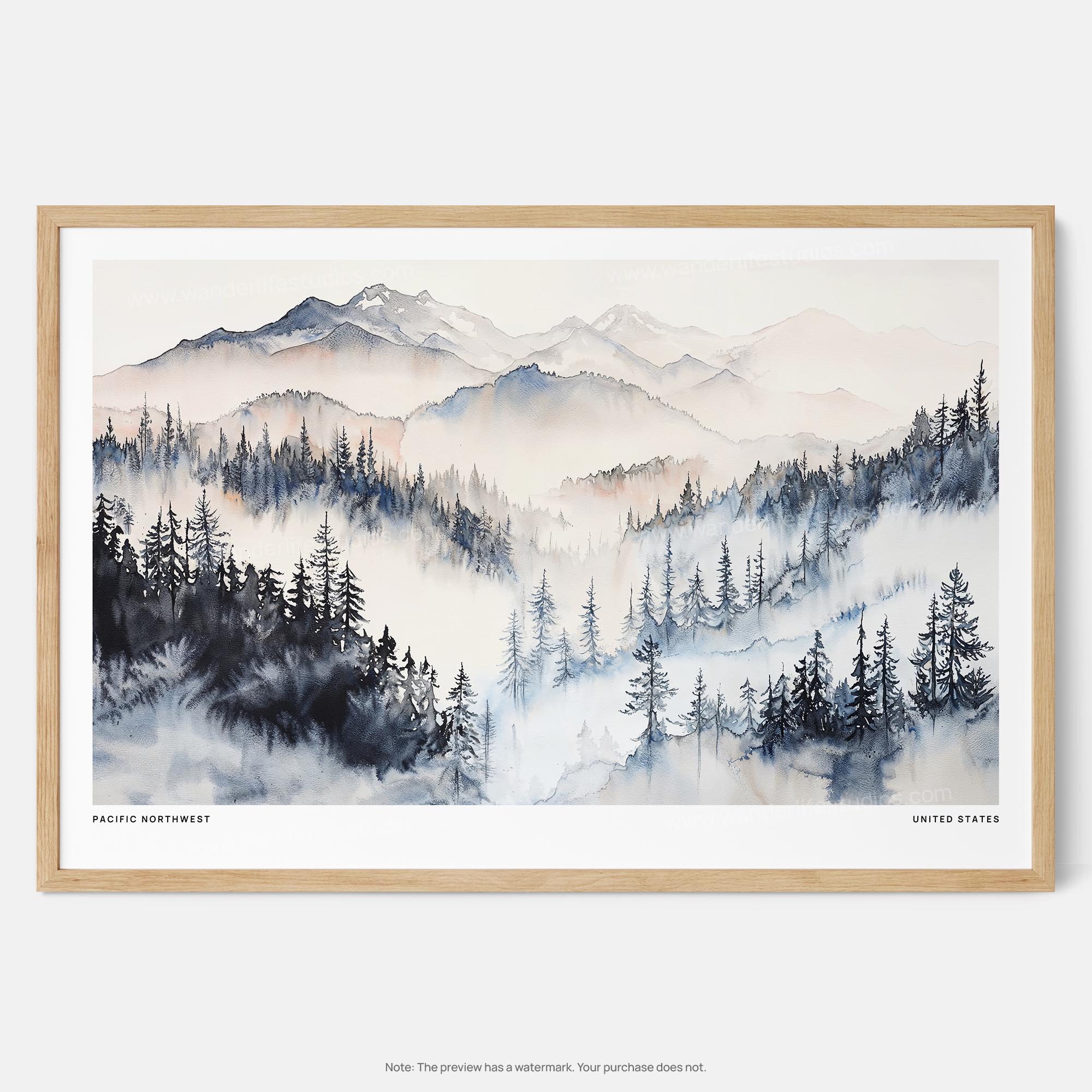 Pacific Northwest Watercolor Art Print – Majestic Mountain Landscape