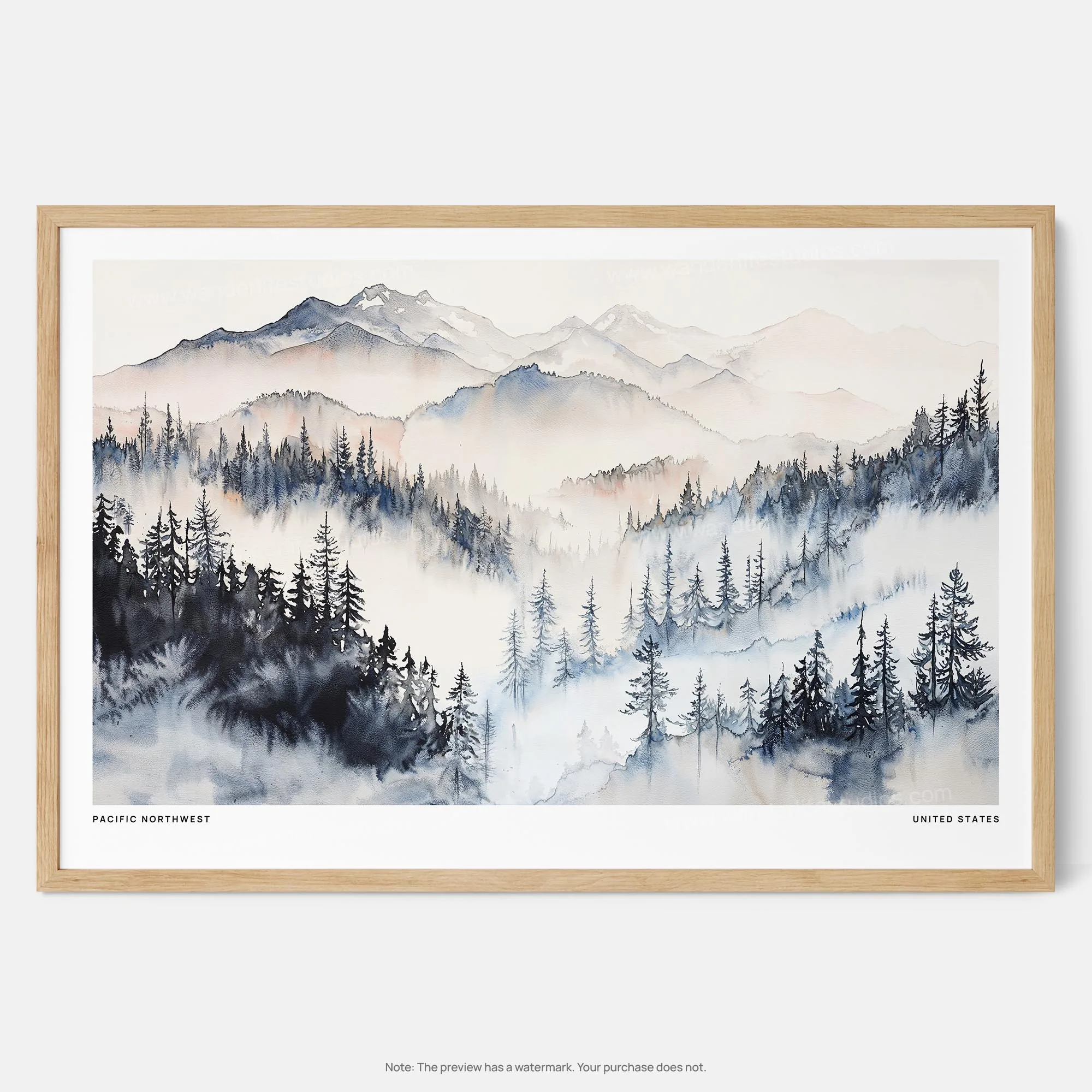 Pacific Northwest Watercolor Art Print – Majestic Mountain Landscape
