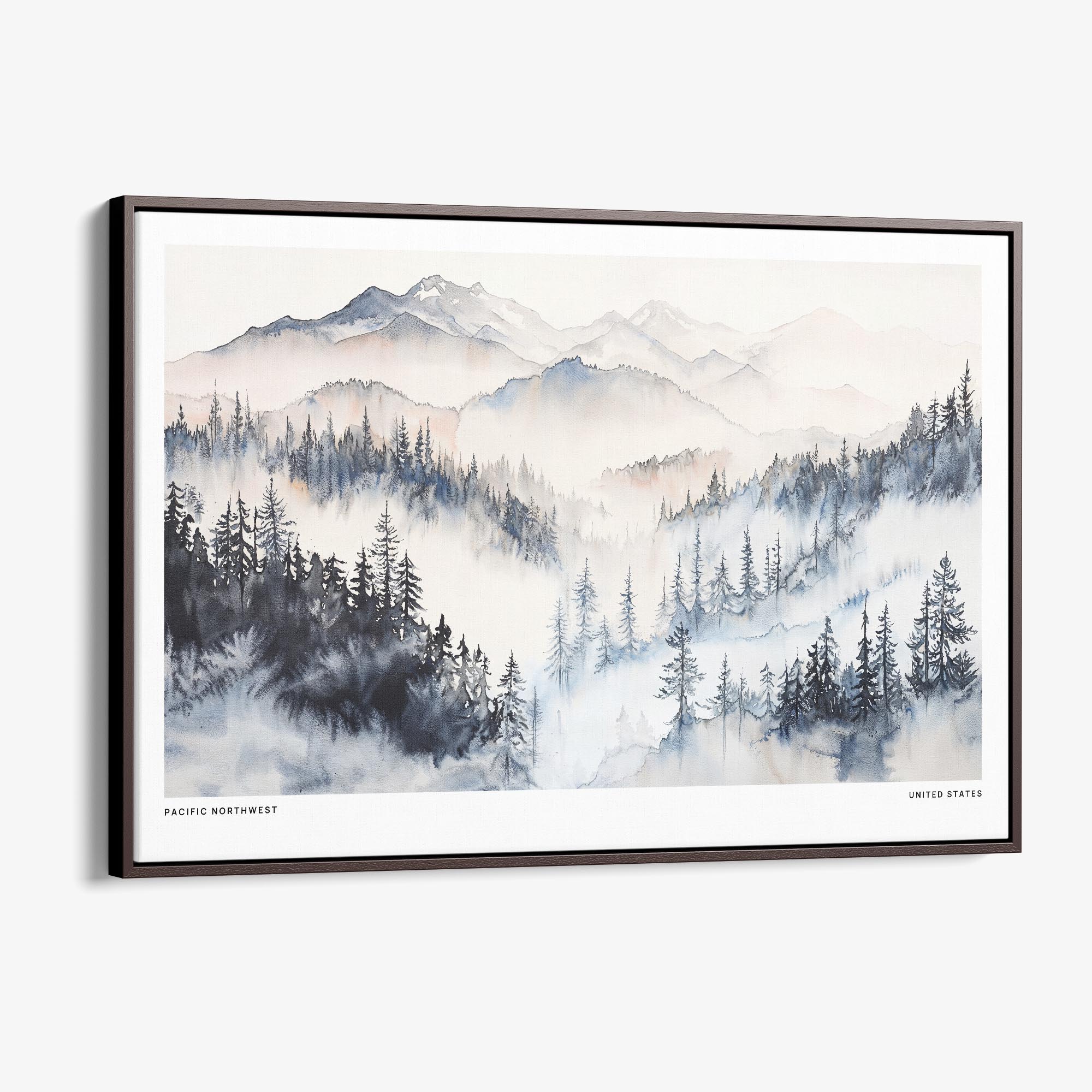 Pacific Northwest Watercolor Canvas Print – Misty Mountain Landscape Wall Art