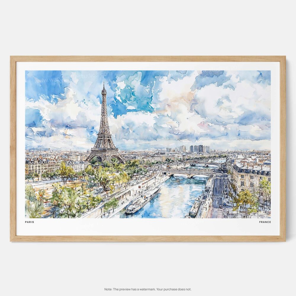 00 - Framed Paris Skyline Watercolor Art - Horizontal Art Print - Main - Horizontal.jpg