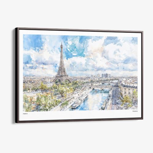00 - Framed Paris Skyline Watercolor Art - Horizontal Canvas Print - Main.jpg