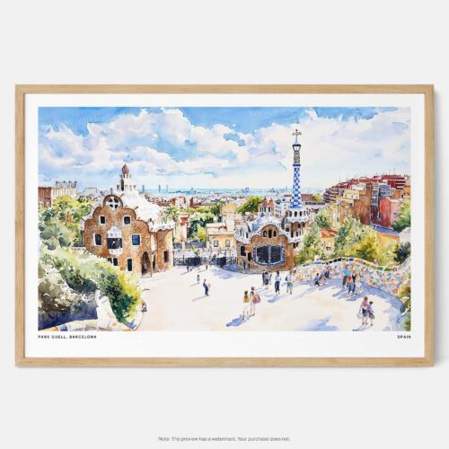 00 - Framed Park Guell Spain Watercolor Art - Horizontal Art Print - Main.jpg