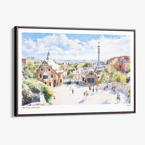 00 - Framed Park Guell Spain Watercolor Art - Horizontal Canvas Print - Main.jpg
