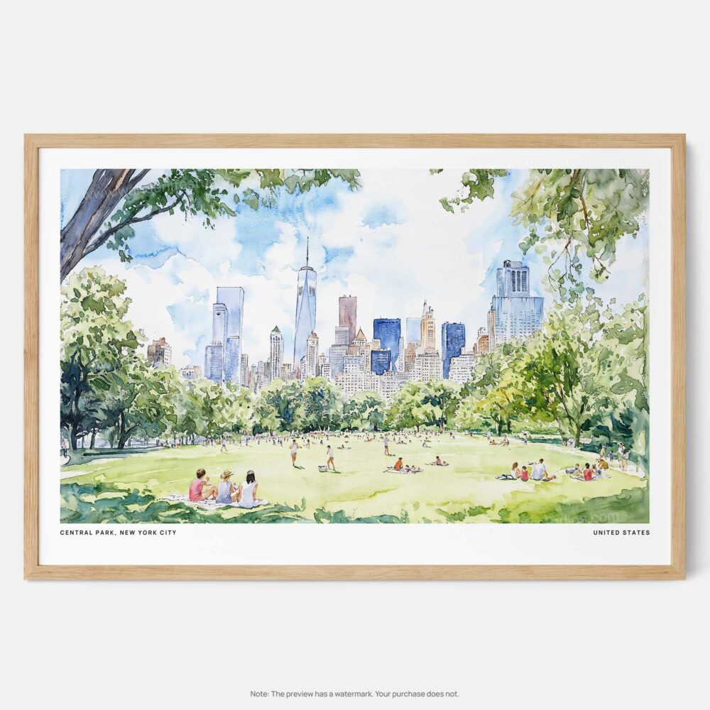 00 - Framed Picnic in Central Park New York Watercolor Art - Horizontal Art Print - Main - Horizontal.jpg