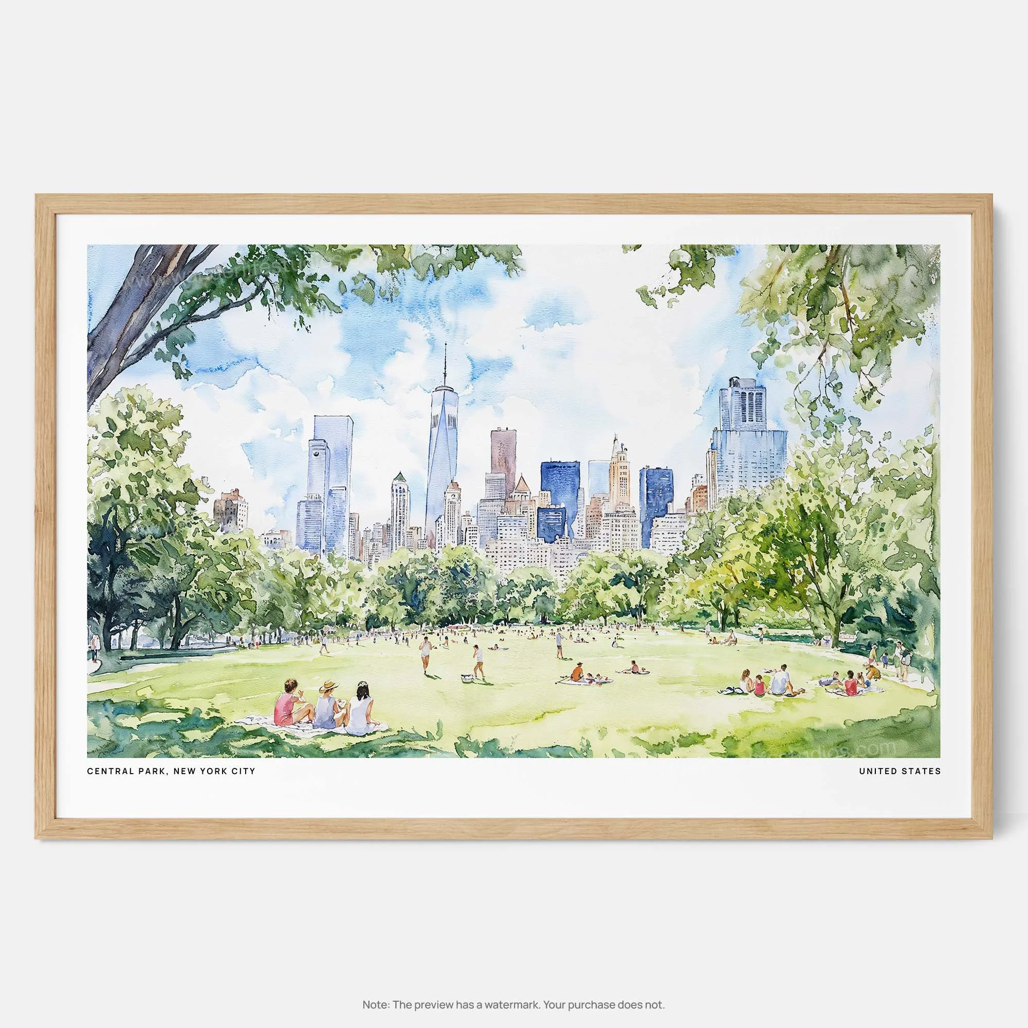Central Park New York City Watercolor Art Print – Lush Urban Landscape Wall Art