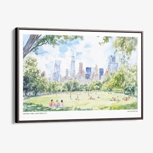 00 - Framed Picnic in Central Park New York Watercolor Art - Horizontal Canvas Print - Main.jpg