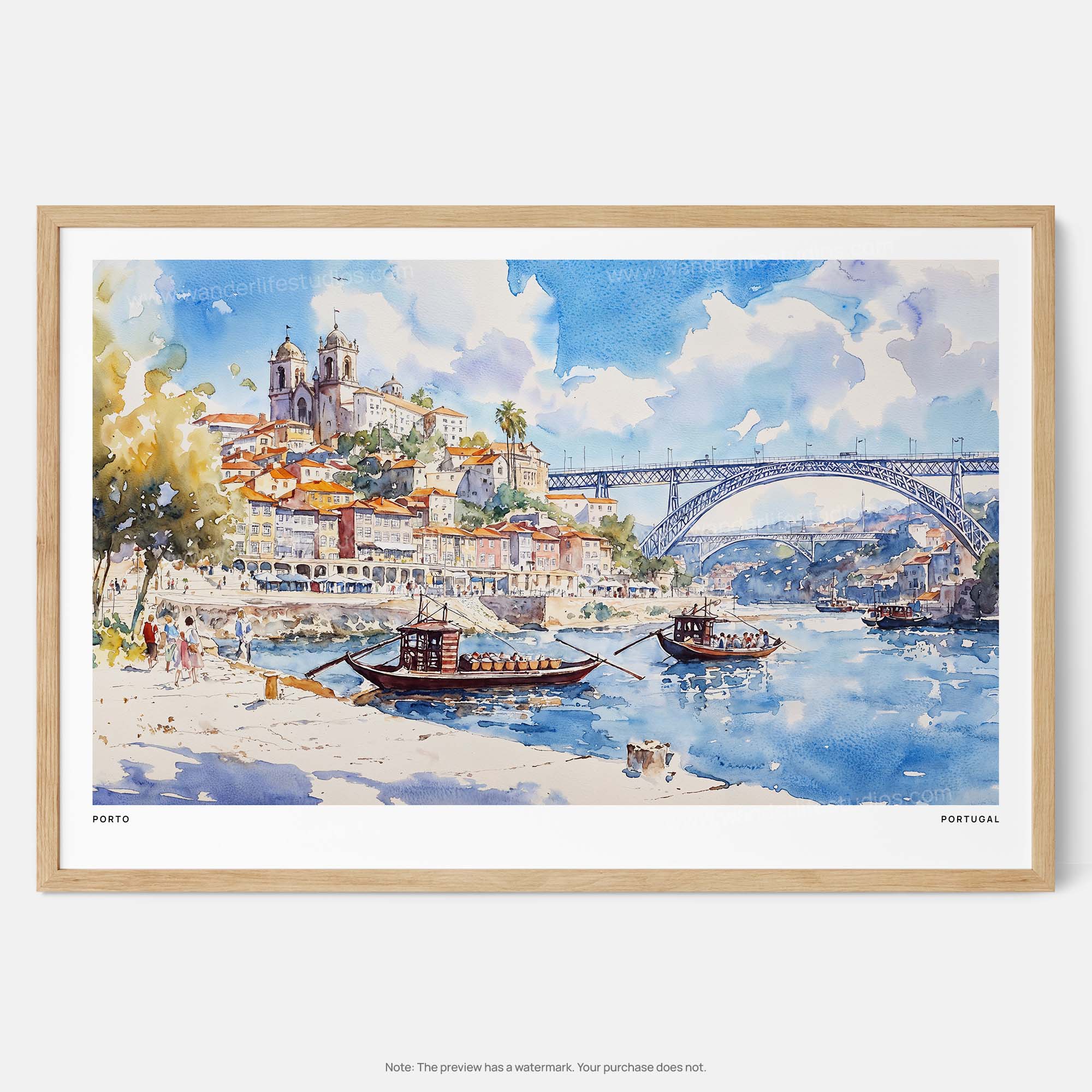 Framed Porto Portugal Watercolor Art Print – Scenic Riverfront Landscape 24 Framed Porto Portugal Watercolor Art Print – Scenic Riverfront Landscape