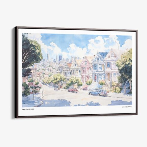 00 - Framed San Francisco Painted Ladies Watercolor Art - Horizontal Canvas Print - Main.jpg